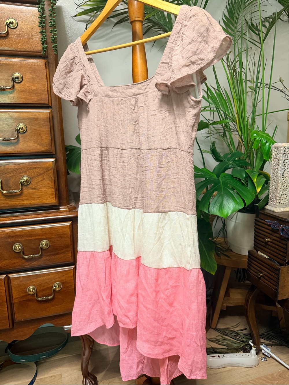 Umgee Colorblock High-Low Tiered Dress - Lavender, Cream & Pink - Picture 4 of 7